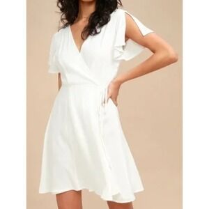 NEW Lulus‎ White Flutter Sleeve Tie Front Gauze Mini Dress M